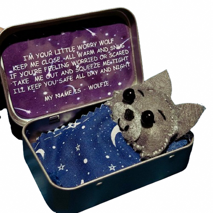 HANDMADE ANXIETY FELT WOLFIE IN A TIN