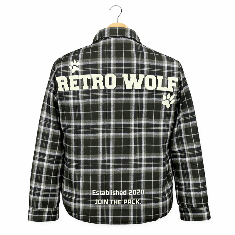 RETRO WOLF BLACK/GREY CHECKERED SHERPA SHIRT/JACKET
