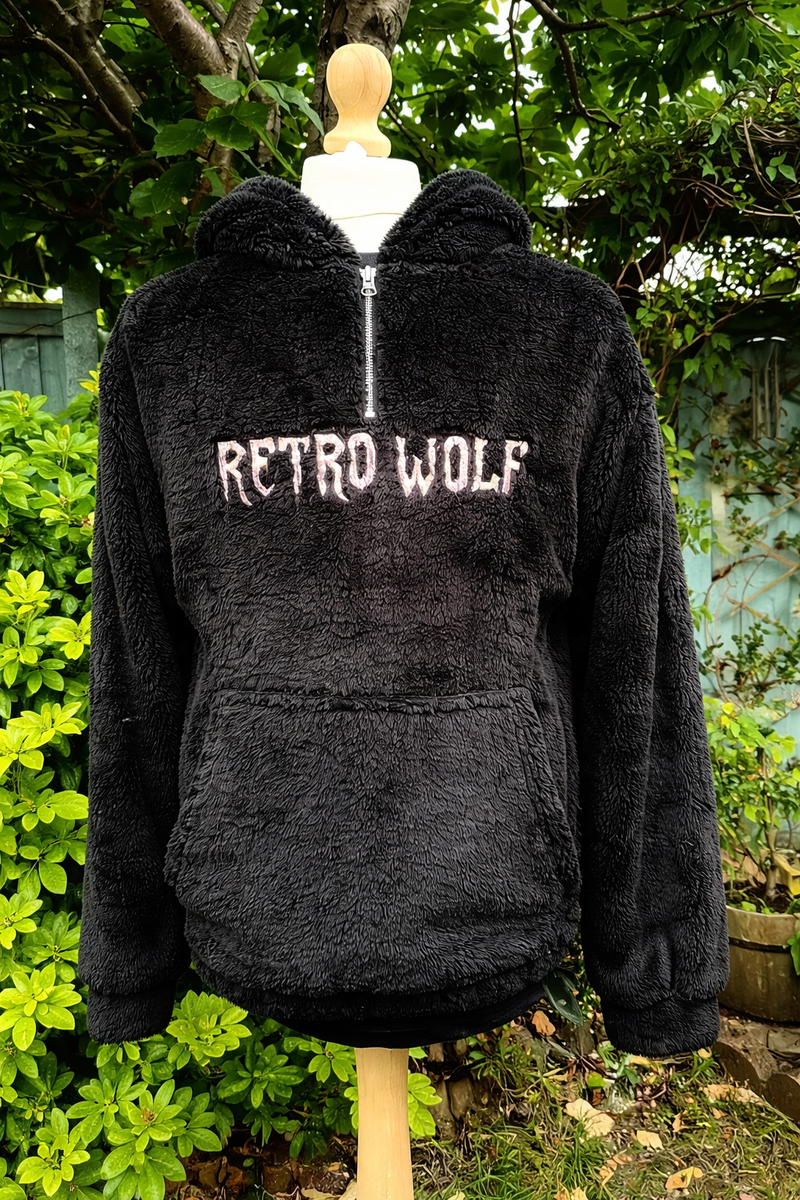 RETRO WOLF BLACK SHERPA 3/4 ZIP HOODIE