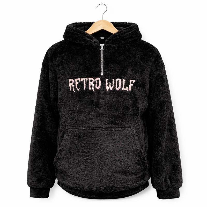 RETRO WOLF BLACK SHERPA 3/4 ZIP HOODIE