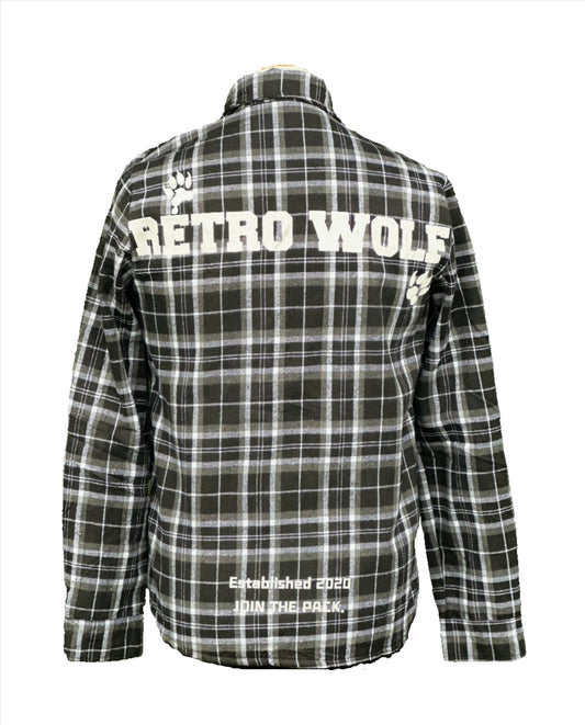 RETRO WOLF BLACK/GREY CHECKERED SHERPA SHIRT/JACKET