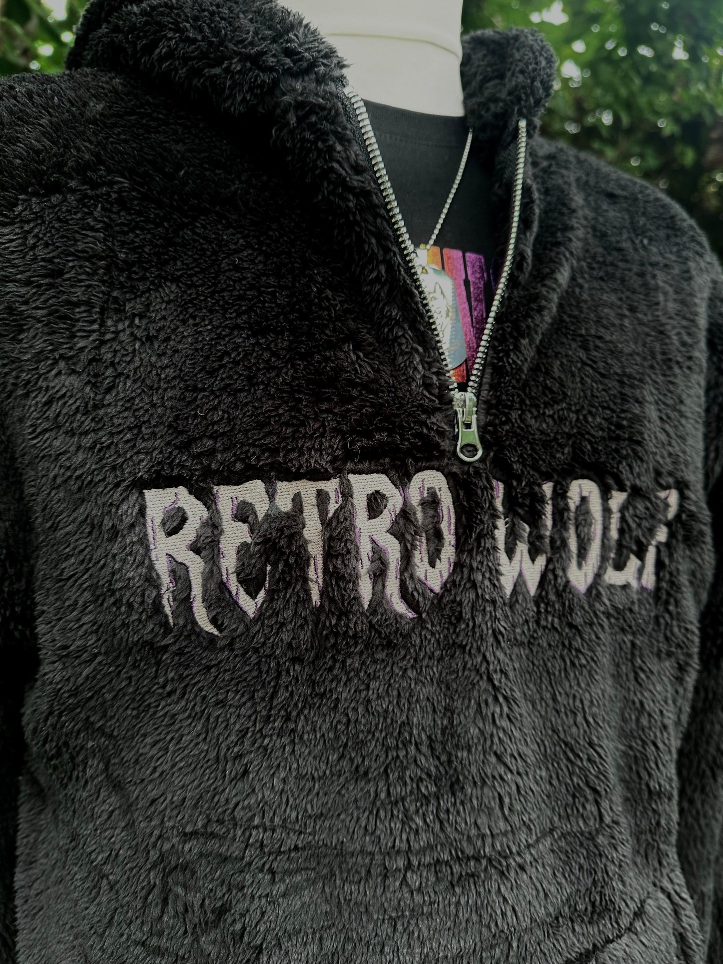 RETRO WOLF BLACK SHERPA 3/4 ZIP HOODIE