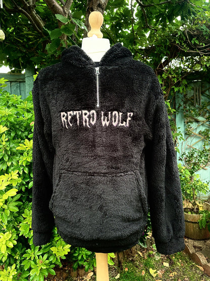 RETRO WOLF BLACK SHERPA 3/4 ZIP HOODIE