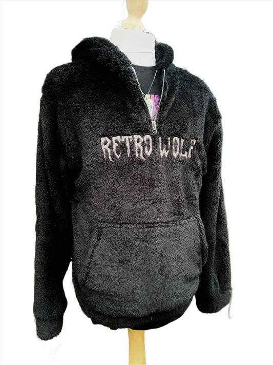 RETRO WOLF BLACK SHERPA 3/4 ZIP HOODIE